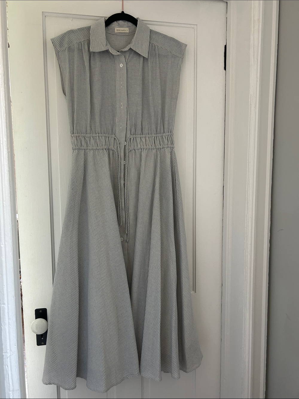 Light Blue Striped Shirt Dress with Drawstring Waist